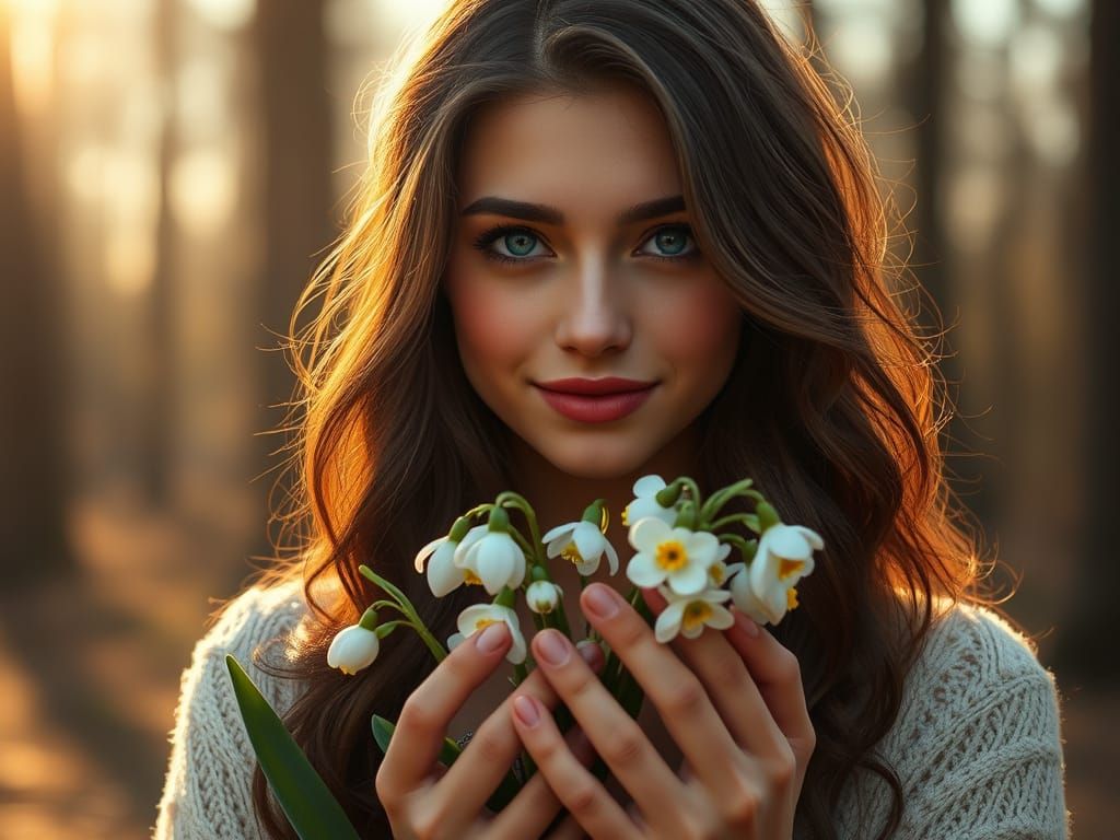 Gentle Woman in Forest Clearing with Snowdrops