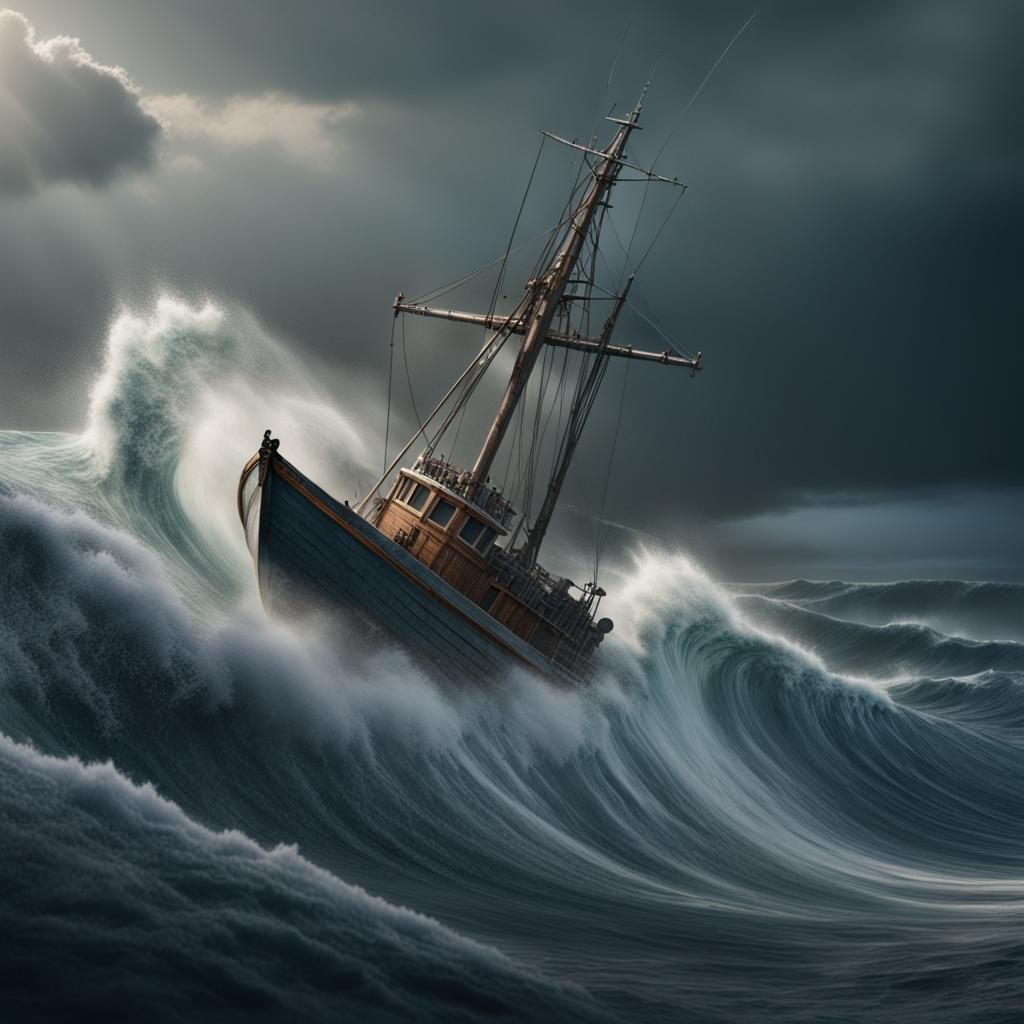 Fishing Boat Surfing a Huge Wave in Storm