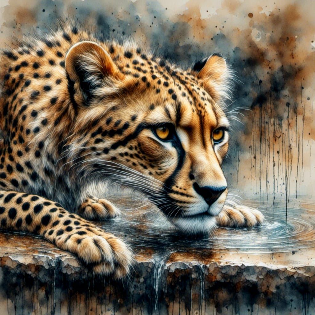 Stunning Cheetah Drinks in Serengeti: 3D Watercolor