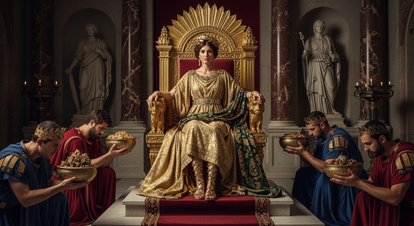 Regal Roman Empress on Gold Throne in Palace