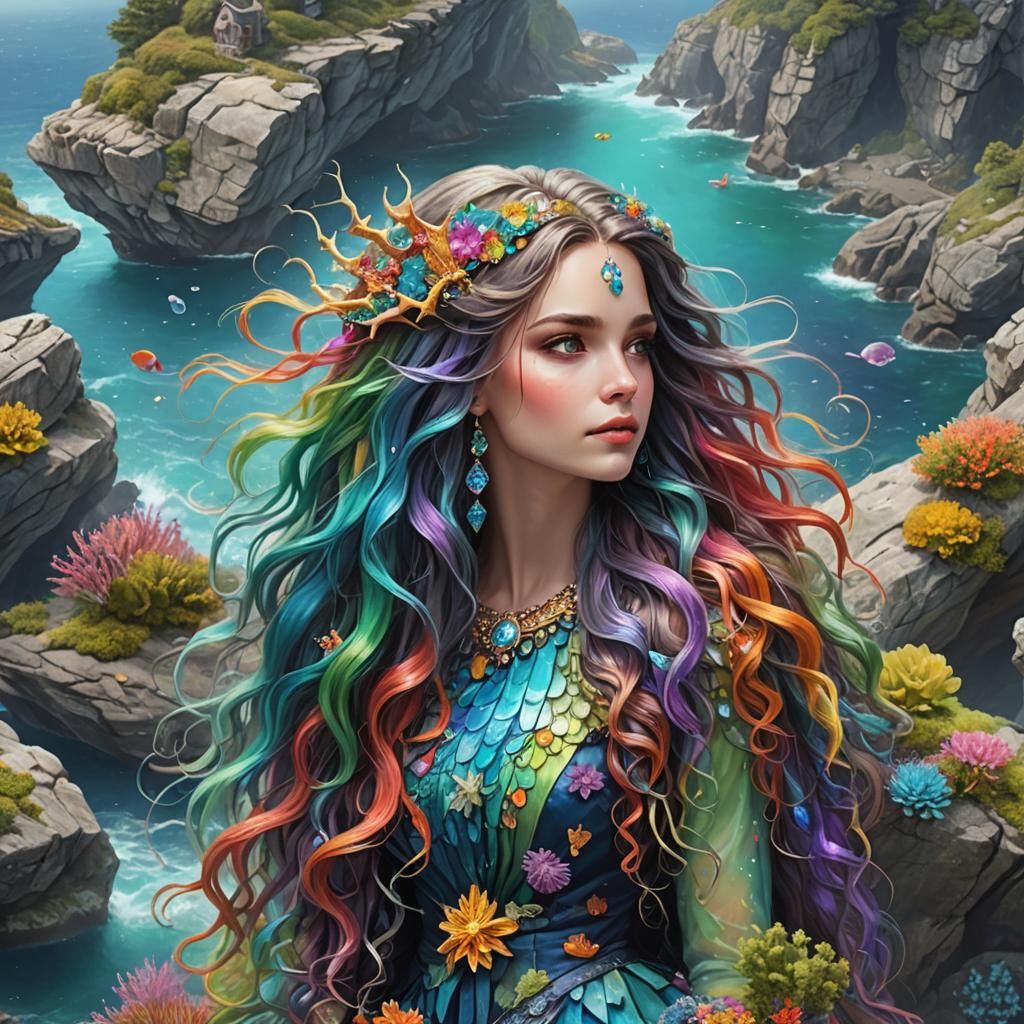 Colorful Mermaid in Fantasy Ocean World
