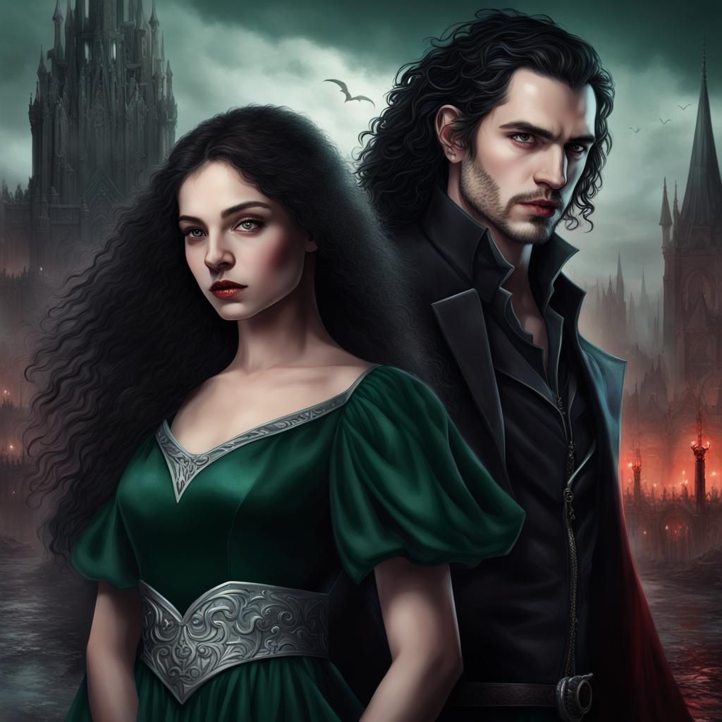 book cover for a fantasy novel with two characters on it. A girl with black curly hair, in a modest dark green plated dr...