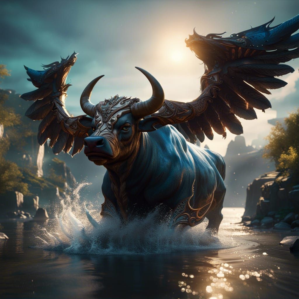 Winged Bull and Sorceress in Sunlight: Fantasy Art