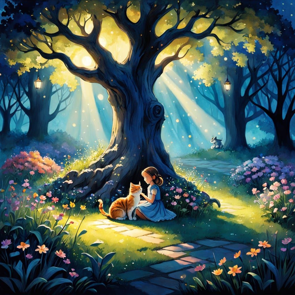 Whimsical Moonlit Garden Scene with Little Girl and Talking ...