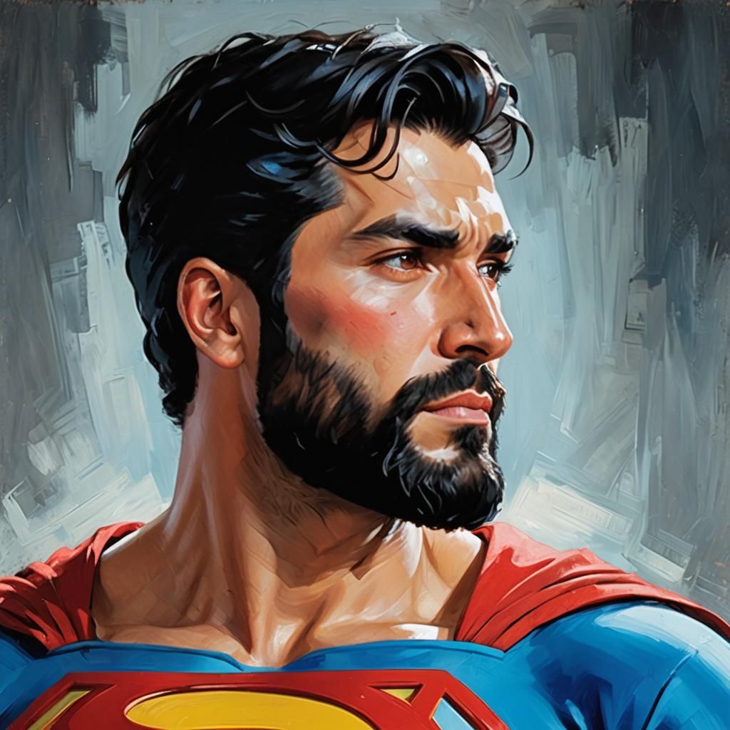 Handsome Superman Portrait in Impressionist Oil Painting Sty...