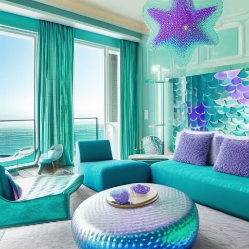 Mermaid themed penthouse with Blue,green, purple Fish scales, Pearlescent Blue,white furniture with pearlescent green Ma...