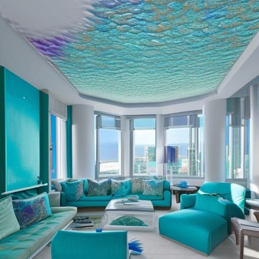 Mermaid themed penthouse with Blue,green, purple Fish scales, Pearlescent Blue,white furniture with pearlescent green Ma...