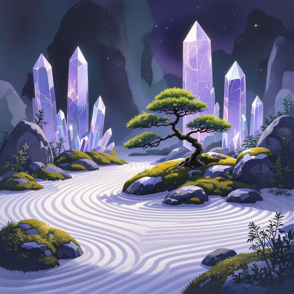 Alien Zen Garden with Bioluminescent Moss in Watercolor