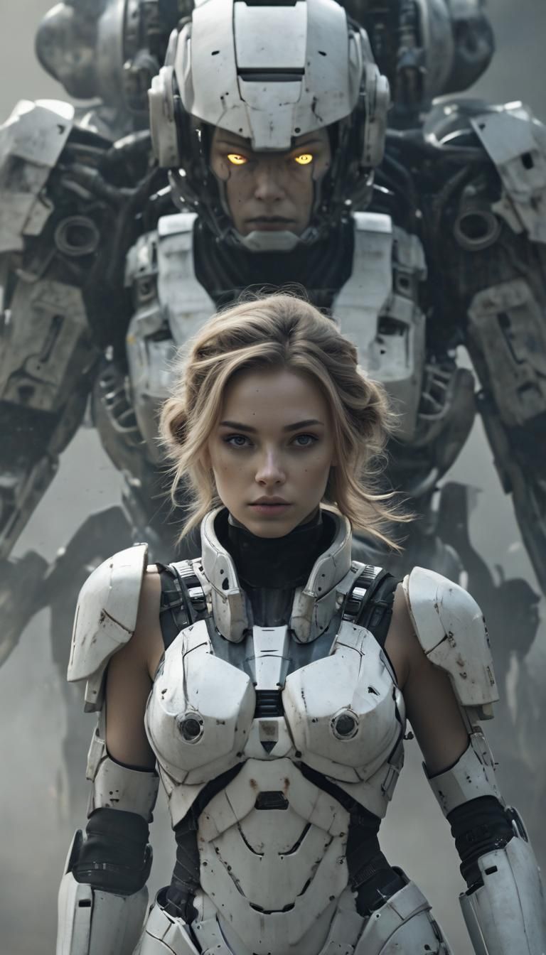 Futuristic Girl with Robot Bodyguard in Cyberpunk Style