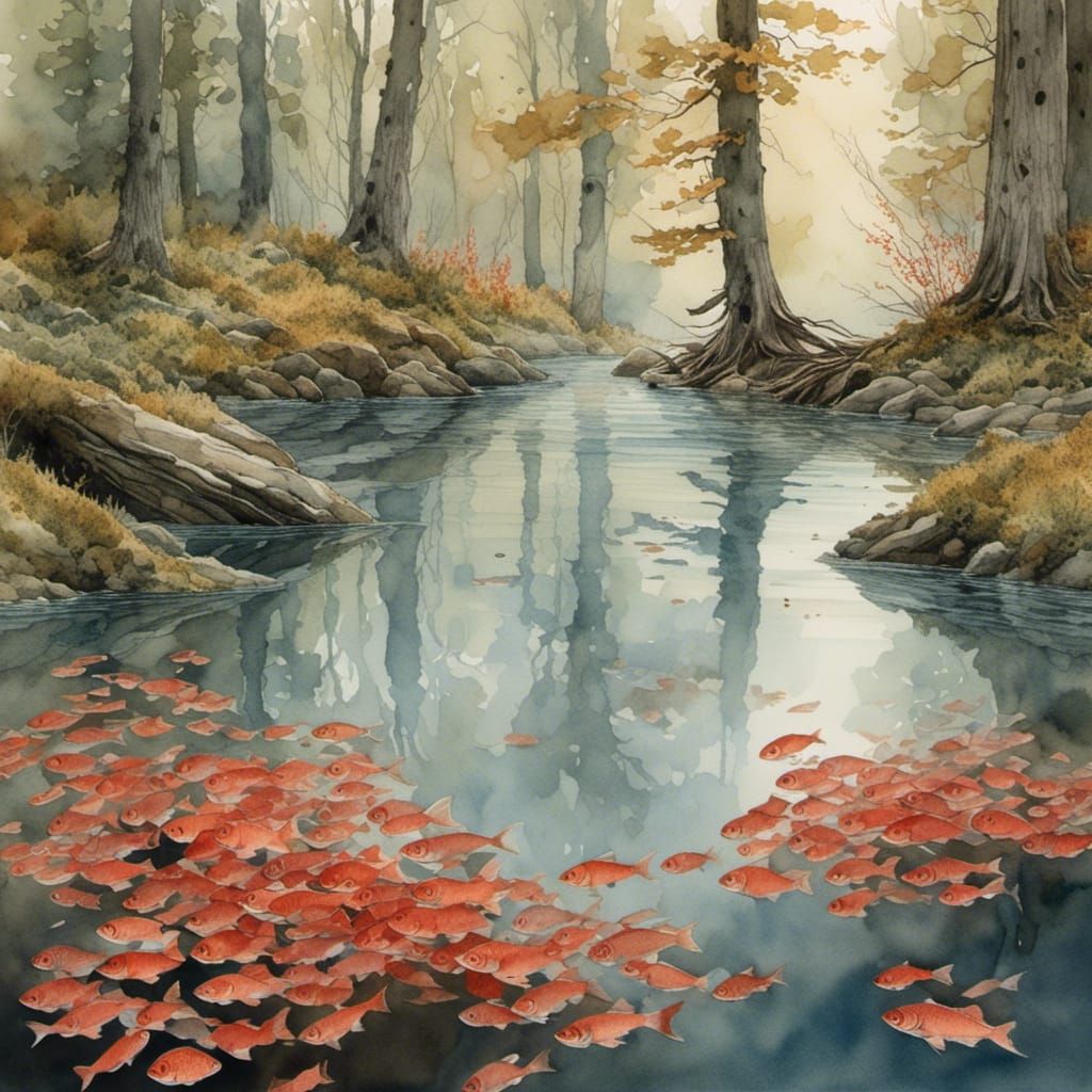 Salmon Swimming in Pool with Alder Trees