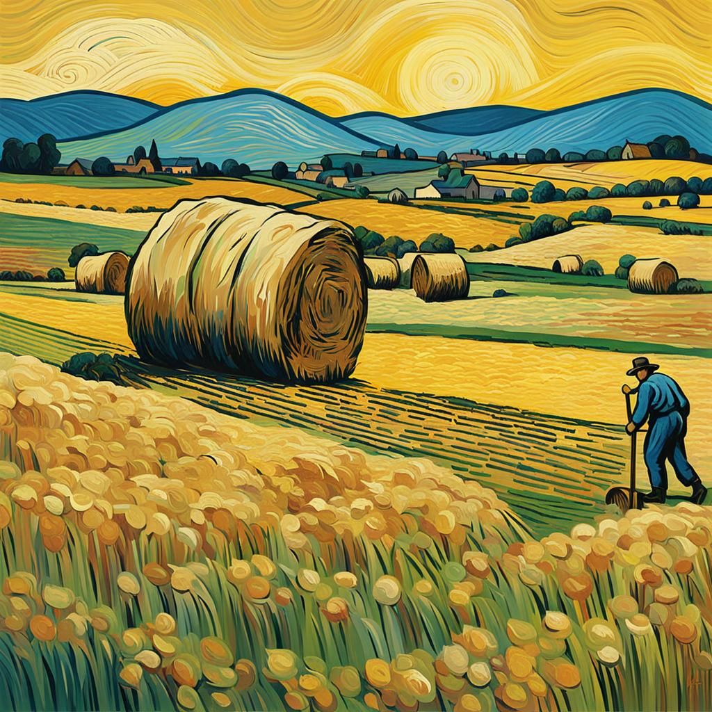 Farmer and Haystacks in Post-Impressionistic Style