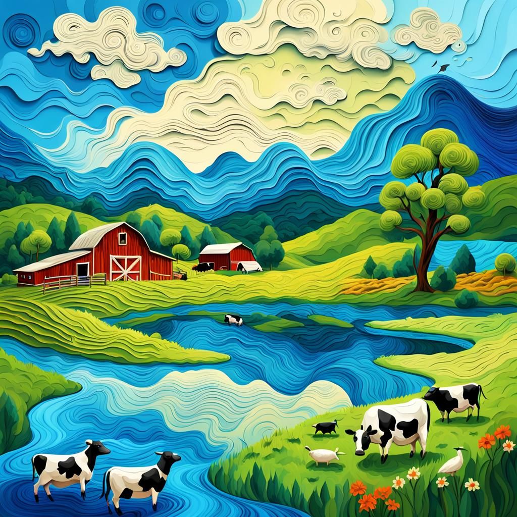 Farm in Foothills: An Impasto Painting with Animals
