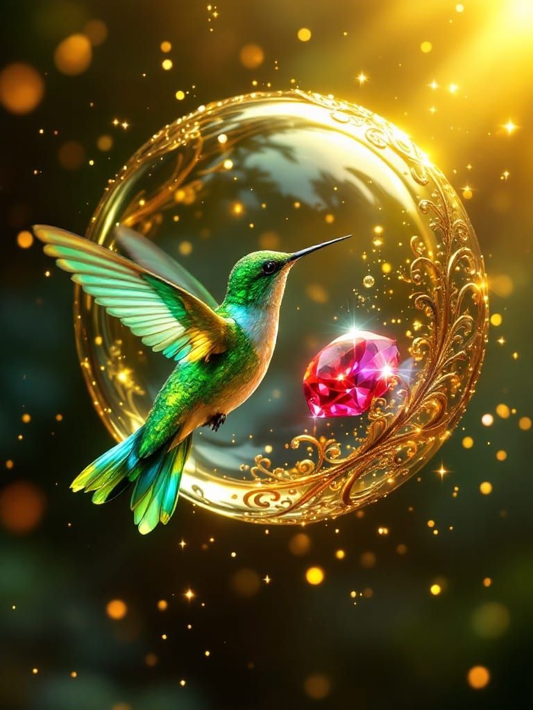 Emerald Hummingbird in Amber Sphere, Iridescent Wonder