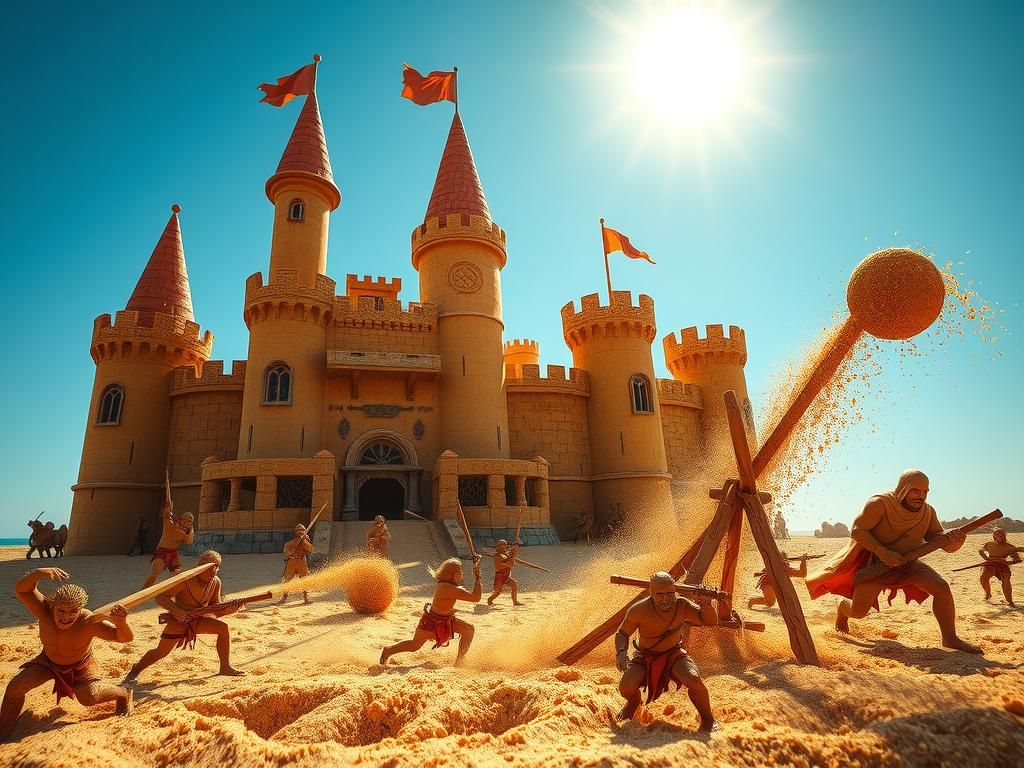 Beach Sandcastle Battle Under Azure Sky