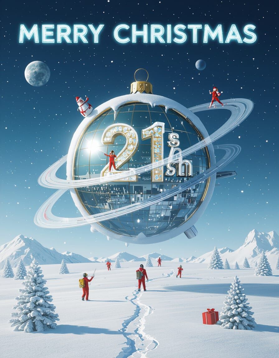 Surreal Futuristic Christmas Card with Merry Christmas Text
