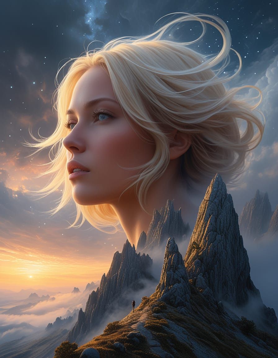 Surreal Mountain Vista with Woman Under Starry Sky