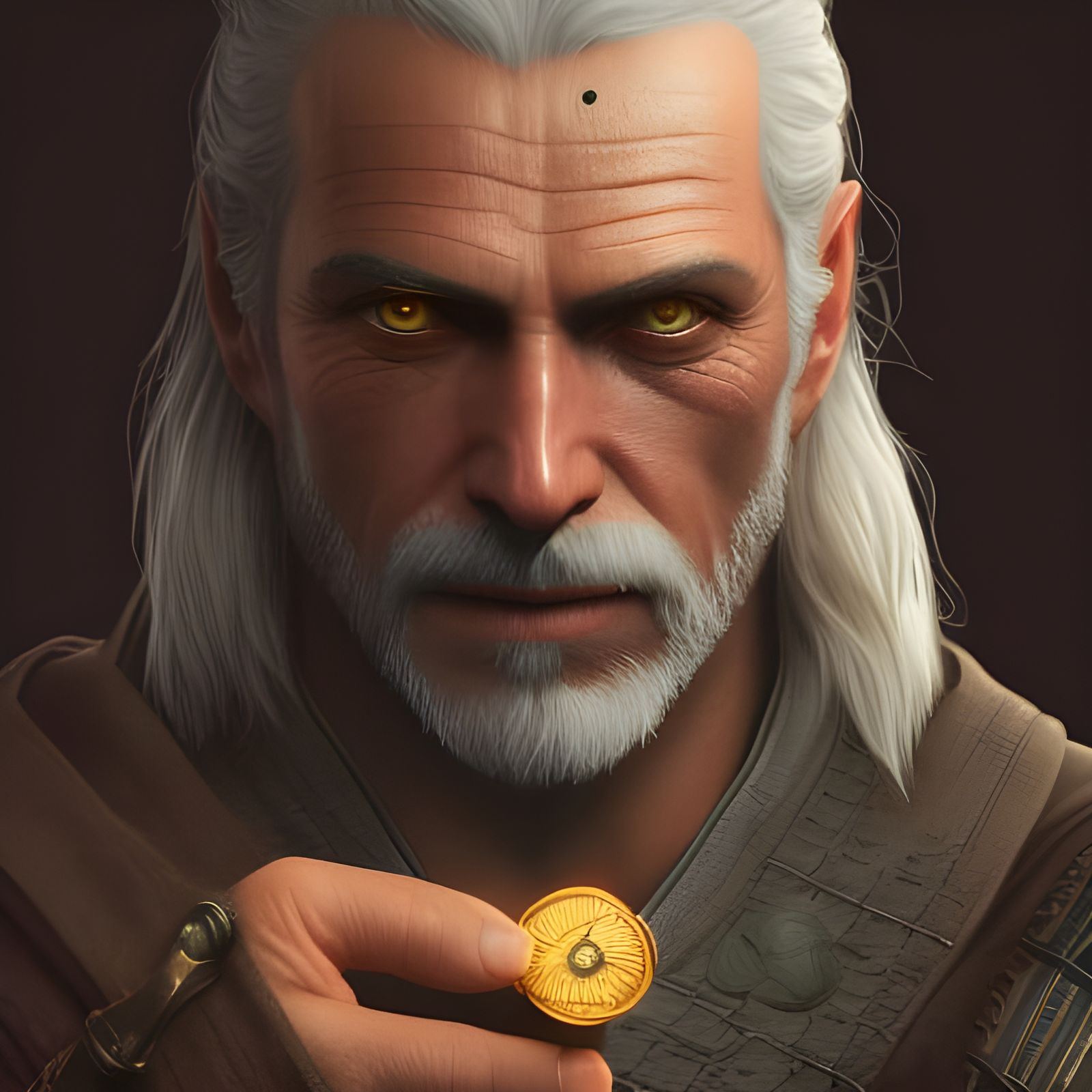 Witcher Portrait with Coin in Hyperrealistic 3D Style