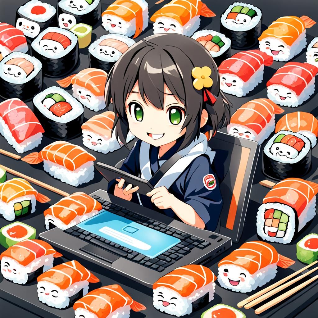 Smiling Sushi Roll Typing: Anime Style Illustration