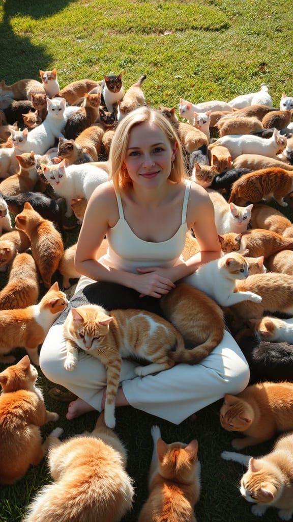 Serenely Surrounded by a Hundred Felines in a Whimsical Sunl...