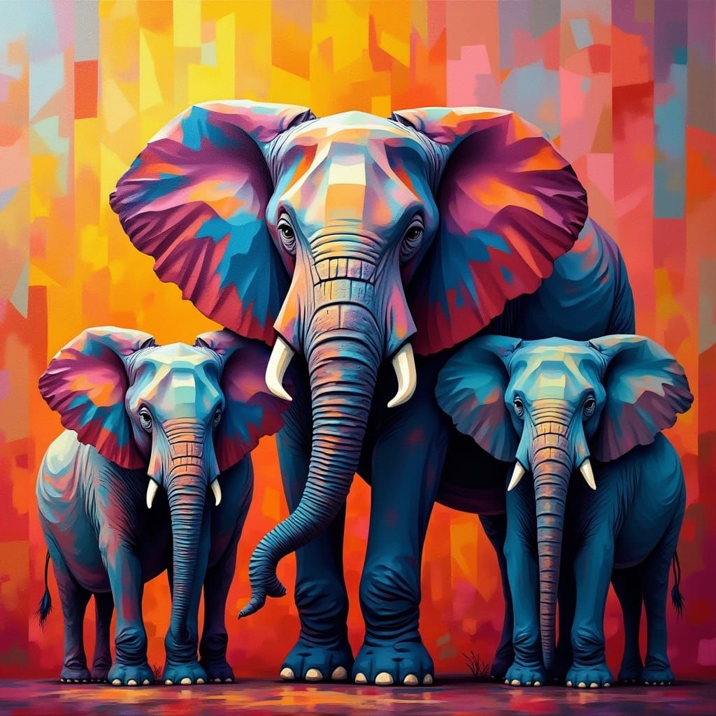 Abstract Elephants in Vibrant Cubist Style