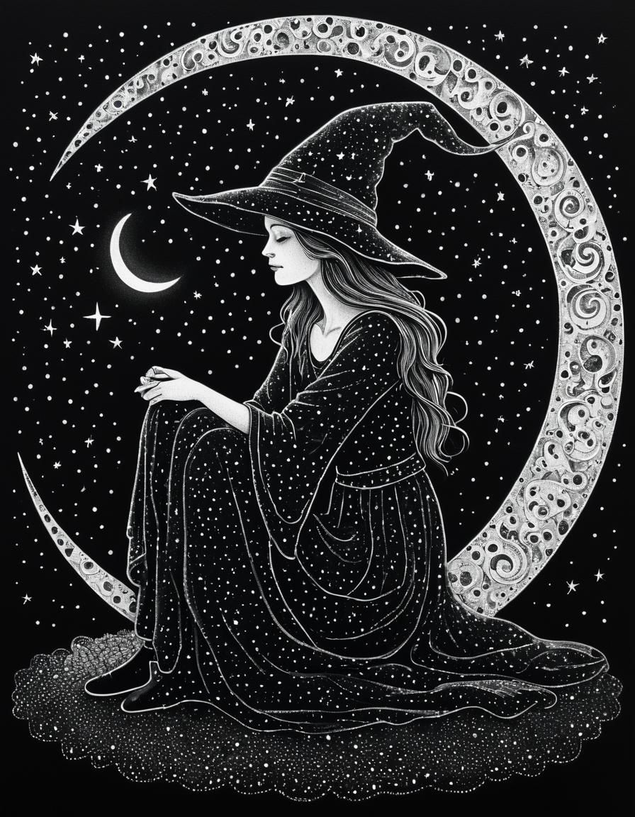 Pointillist Witch on Crescent Moon Illustration