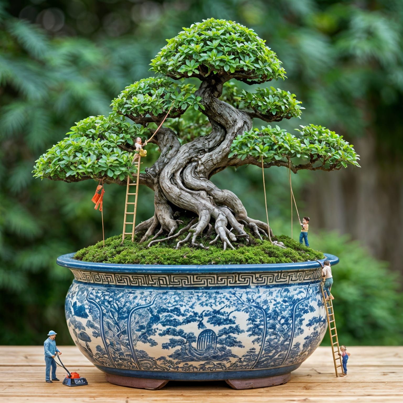 Tiny People Tending a Bonsai Tree in Japanese Garden