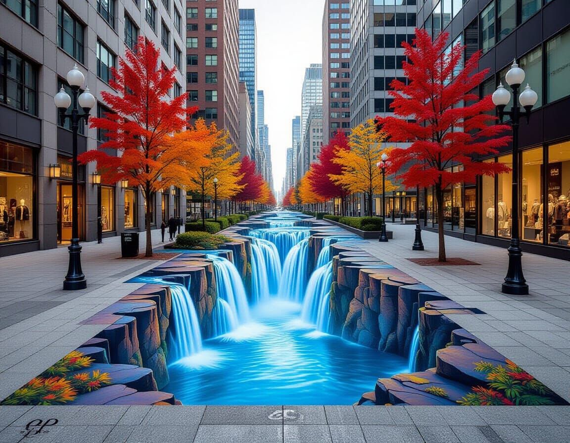 Hyperrealistic 3D Anamorphic Waterfall Street Art in Autumn ...