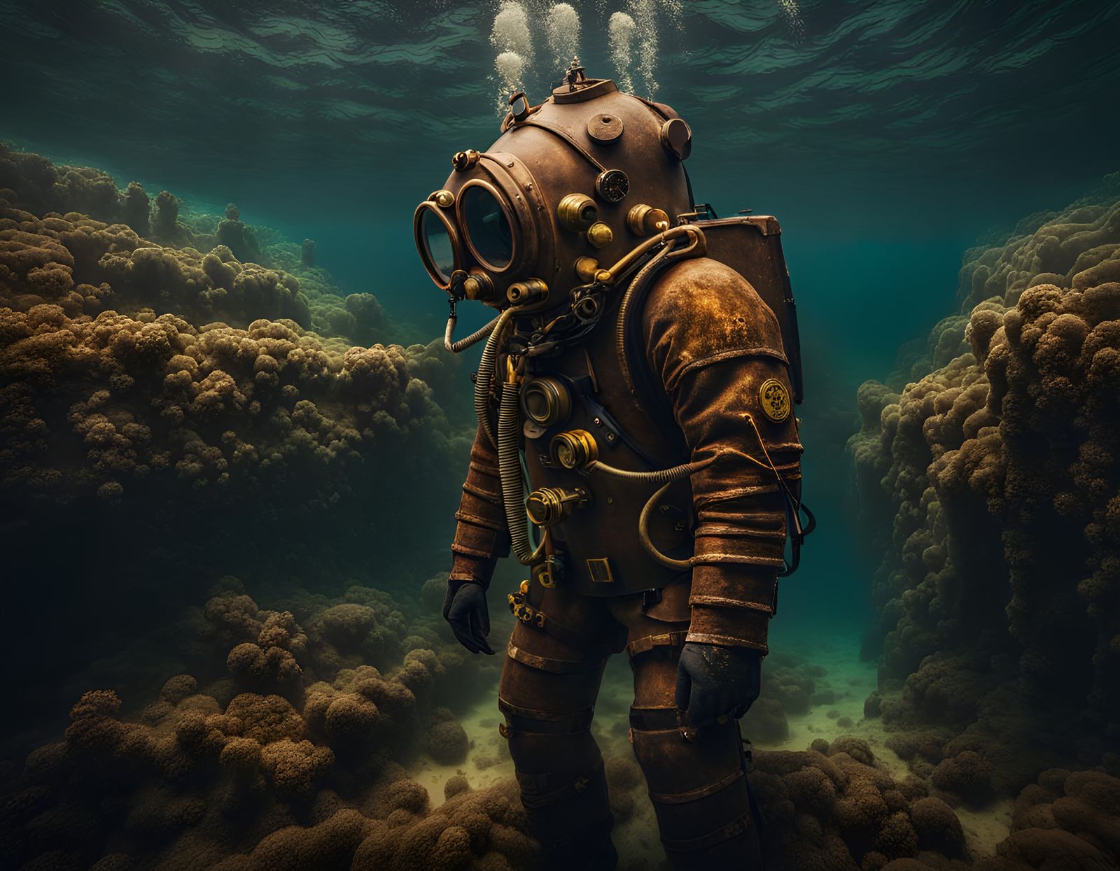 Underwater Explorer Wearing Diving Helmet