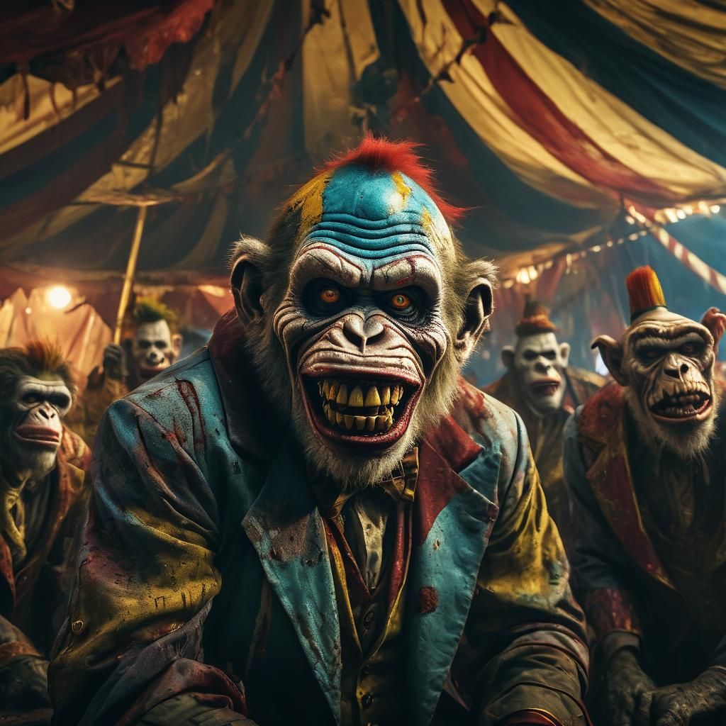 Surreal Zombie Monkey Clown Orchestra in Circus Tent
