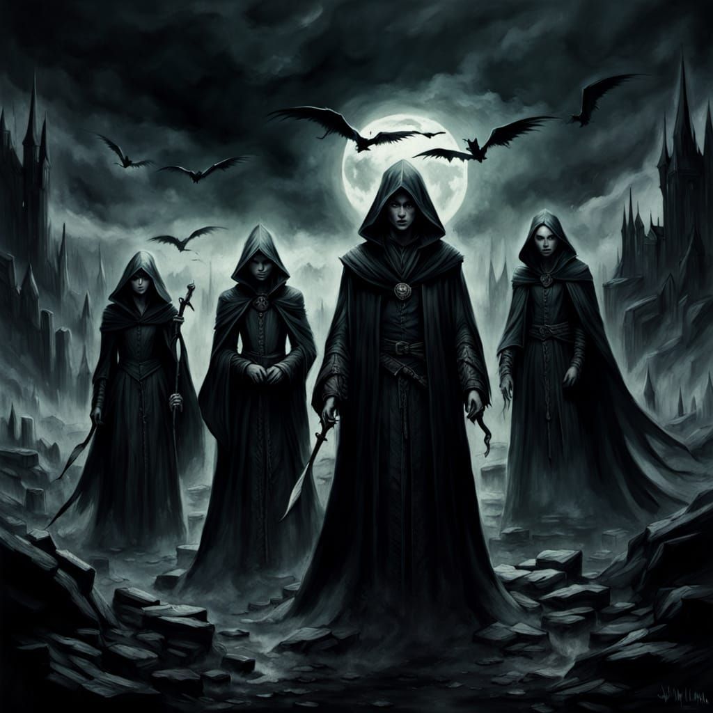 Gothic Witches Weaving Magic in Moody Pastel Landscape