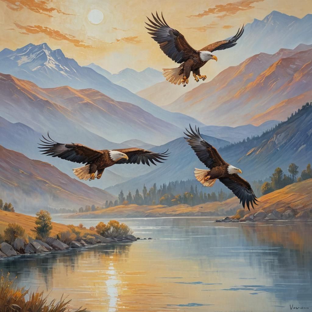Eagles Soaring Over Landscape as Impasto Oil Painting