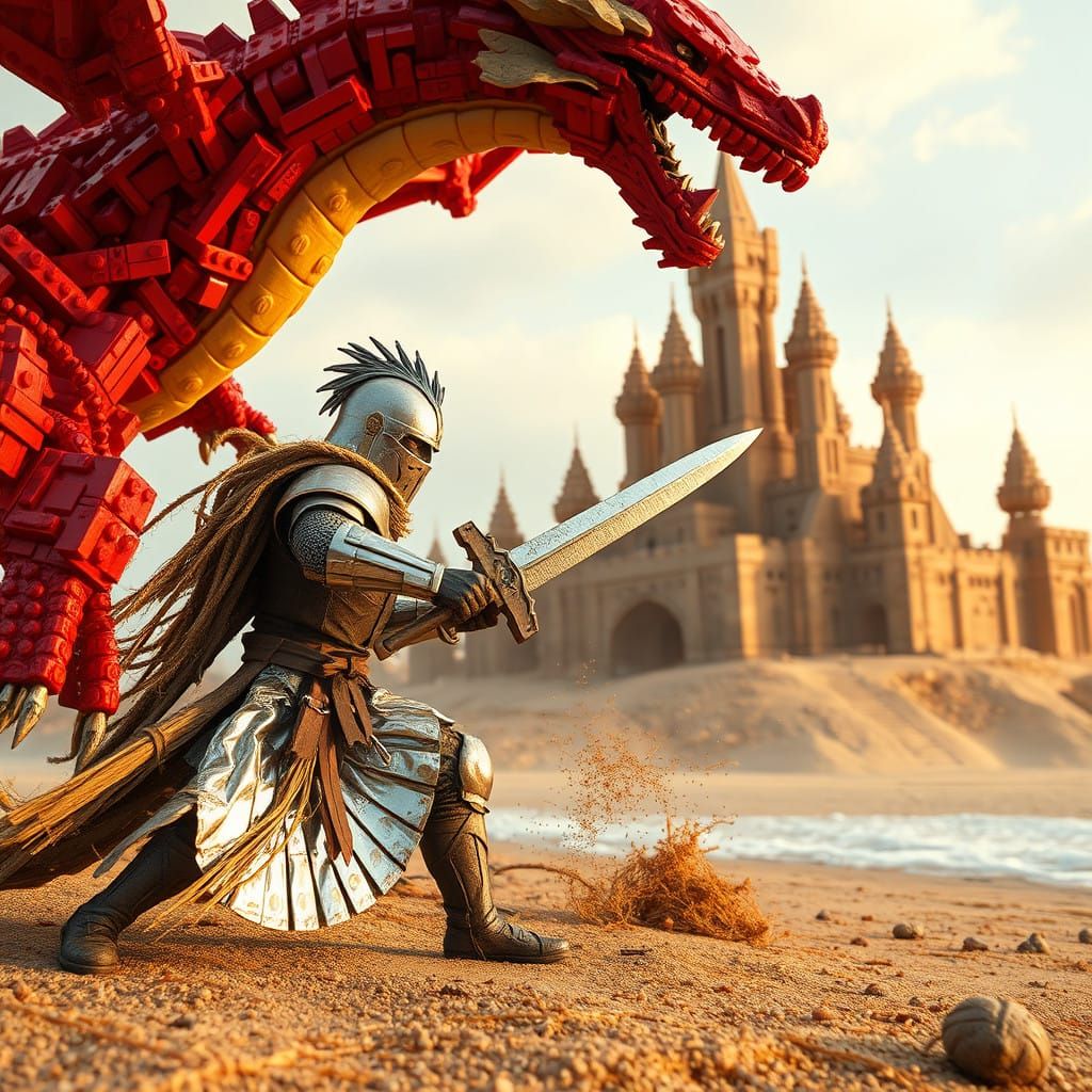 Rustic Knight Battles Crimson Dragon in Dreamlike Fantasy La...