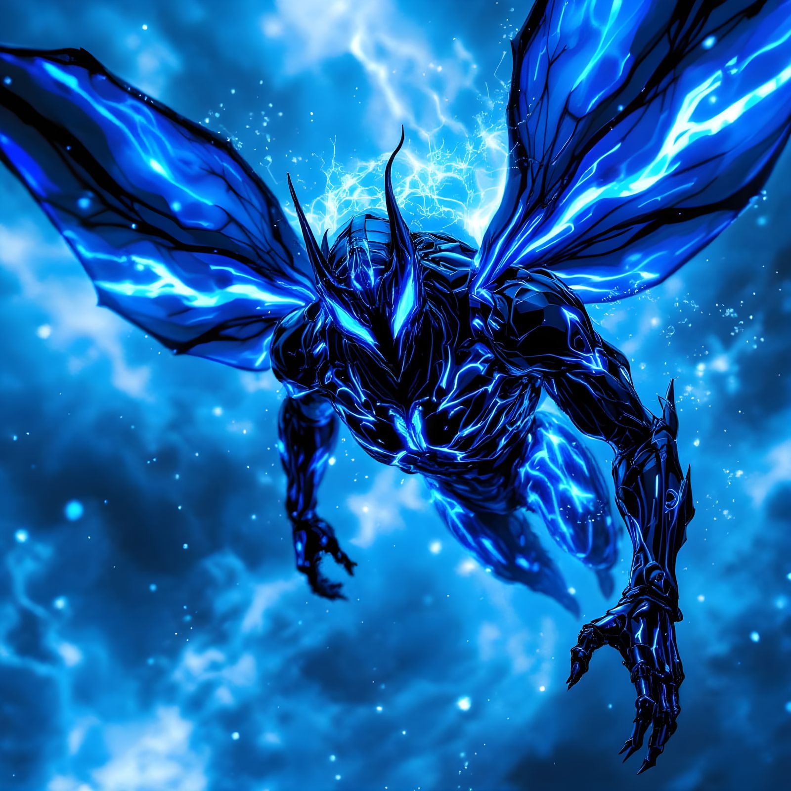 Ethereal Dark Insect Figure Soars in Vibrant Blue Environmen...