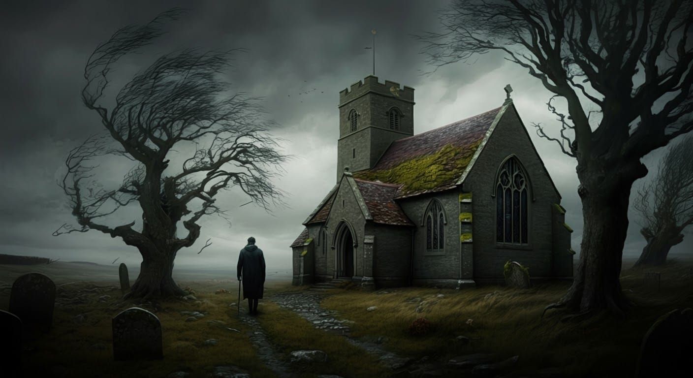 Ancient Church on Moorland in Dark Fantasy Style