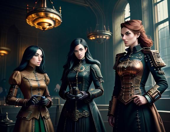 Steampunk Women Inside Time Machine: Cinematic Digital Art