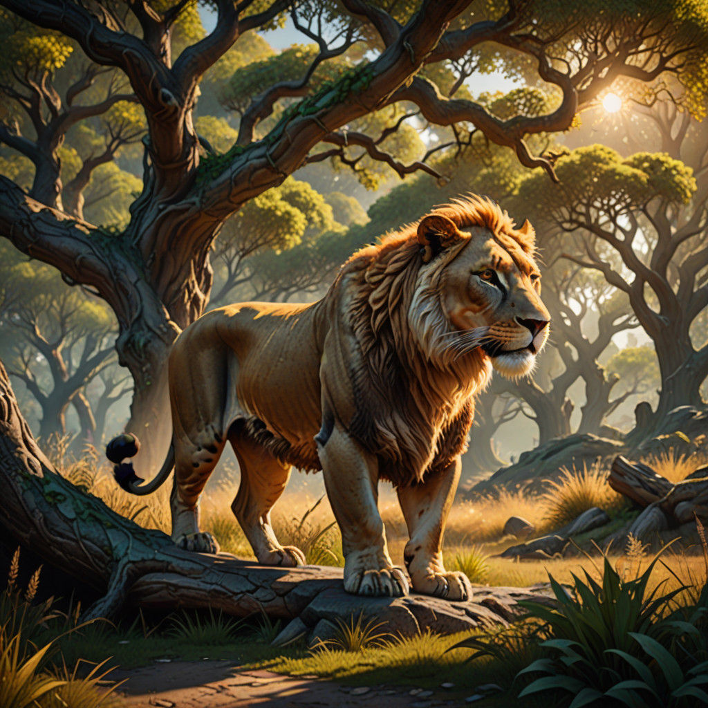 Surreal Renaissance Fantasy Scene with Lioness and Acacia Tr...