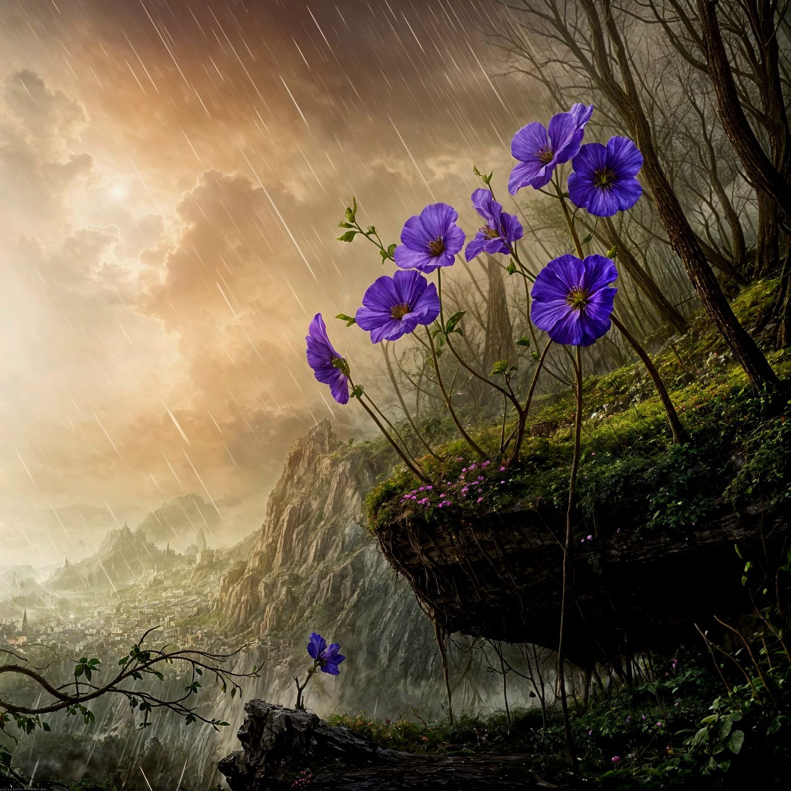 Morning Glories in Storm with Sad Fairy