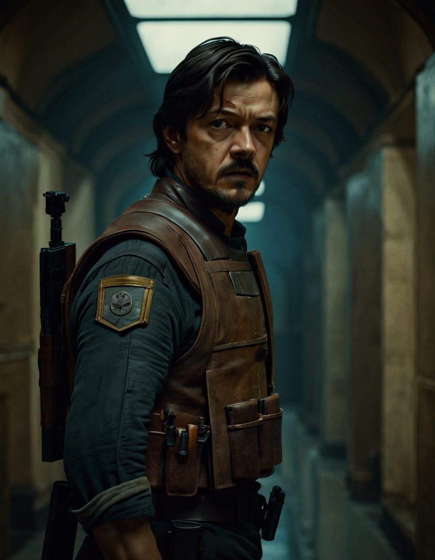 Cassian Andor: Determined Rebel in Dimly Lit Corridor