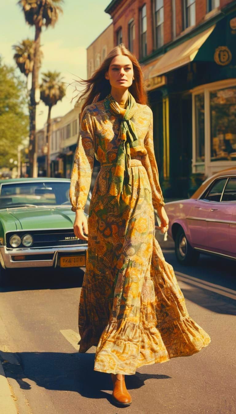 1970s Woman in Maxi Dress: A Vintage Photograph