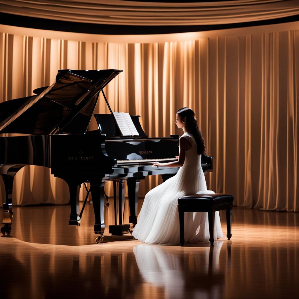 Girl at Grand Piano on Empty Stage