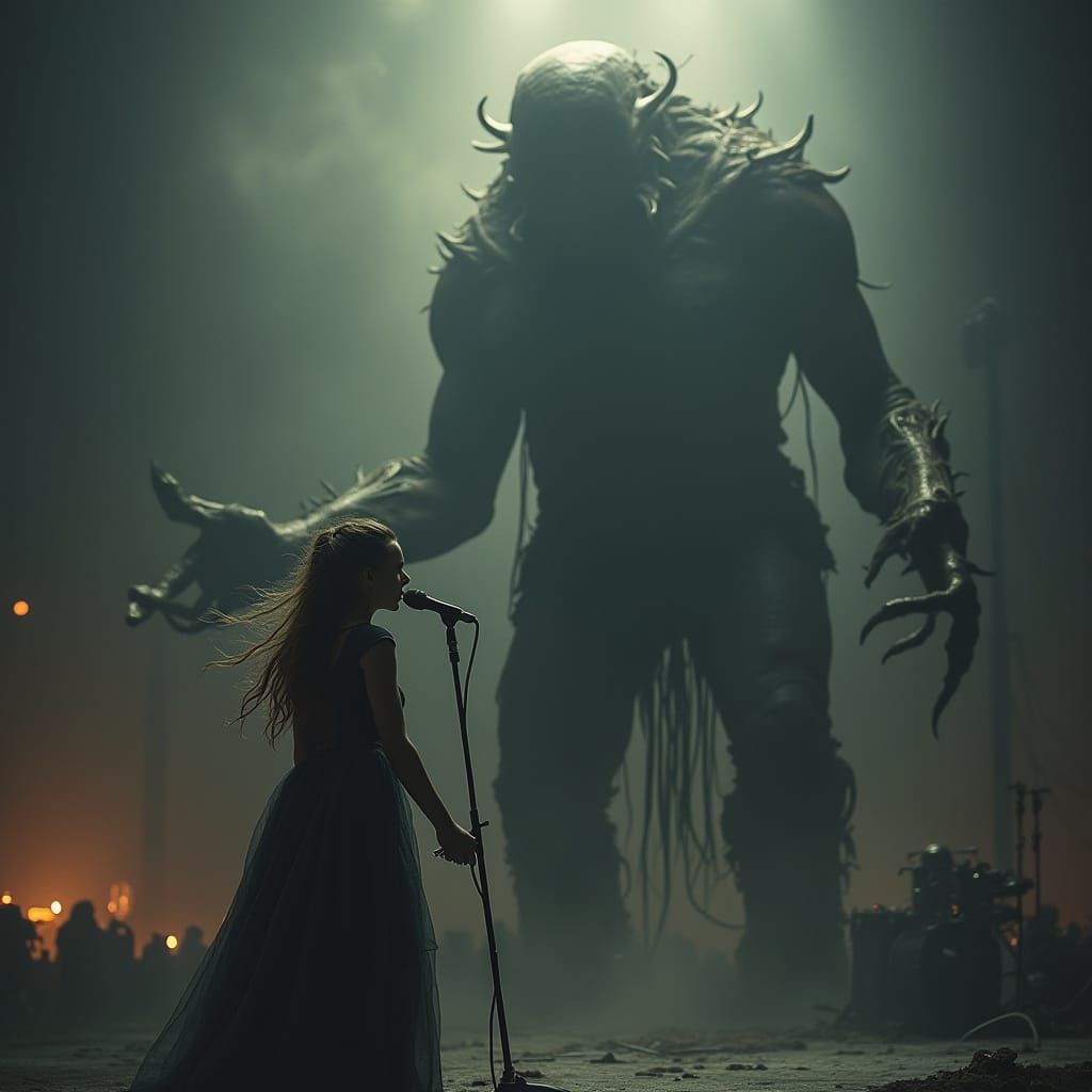 Giant Figure Dominates Dark Stage in Cyberpunk Style