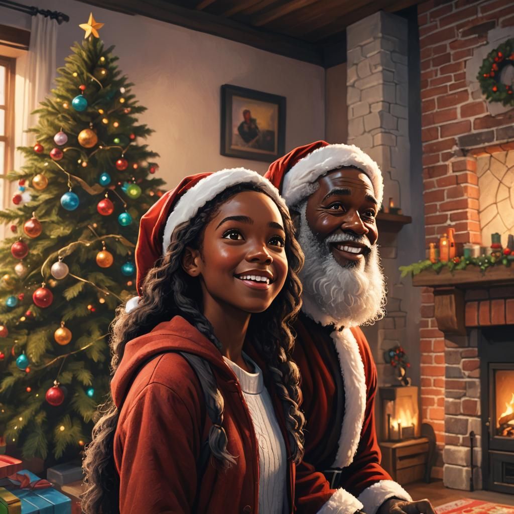 A Joyous Black Santa Moment: Hyperrealistic Splash Art