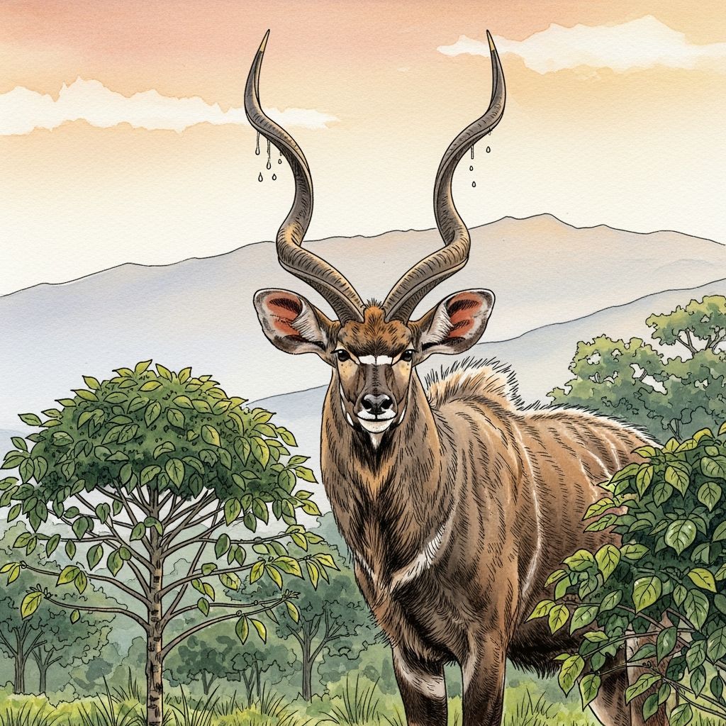 Majestic Mountain Nyala in Morning Light, Watercolor Art