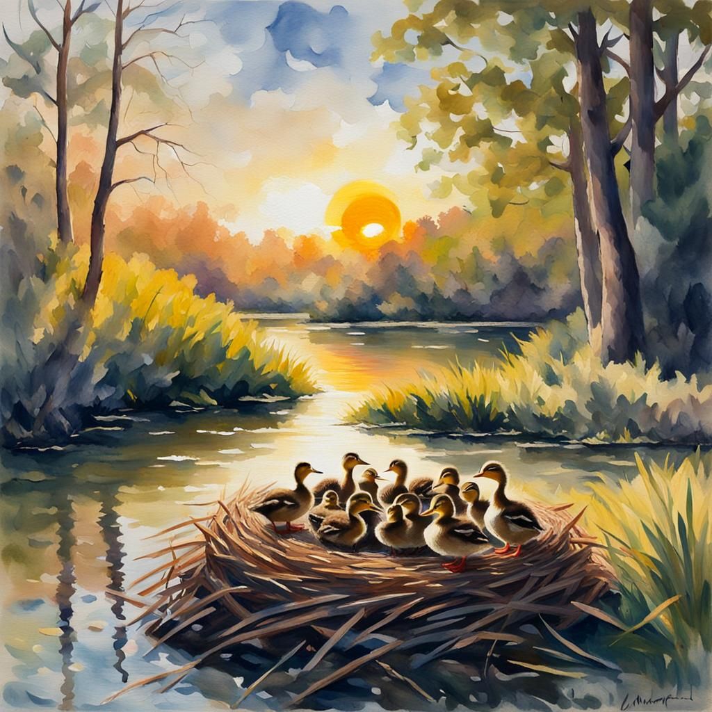 Peaceful Duck Nest in Impressionist Gouache Style