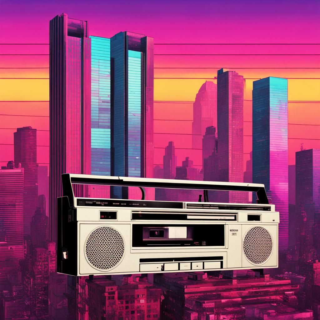 Vaporwave Cassette Recorder at Sunset: 80s Aesthetic