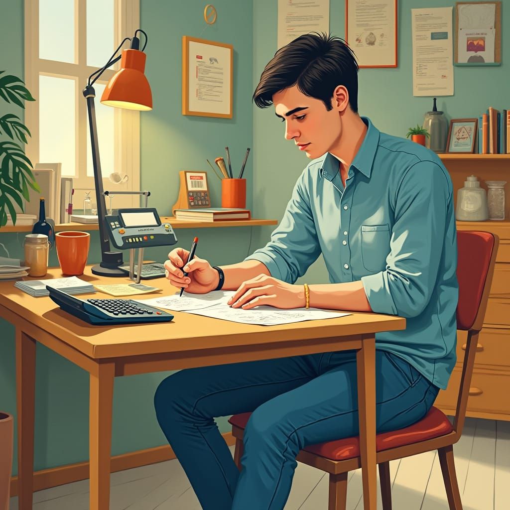 Young Man Recording Finances in Organic Geometric Style