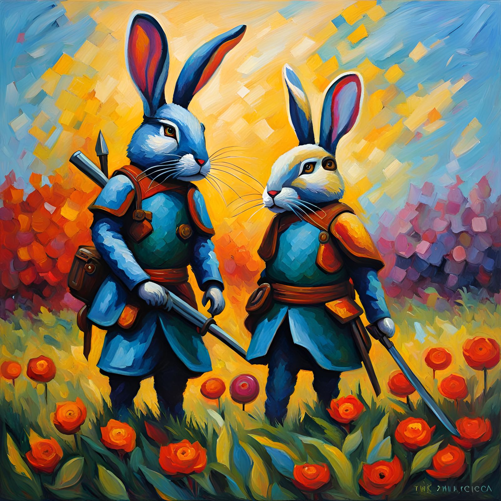 Warrior Rabbits Book Cover in Expressionist Style