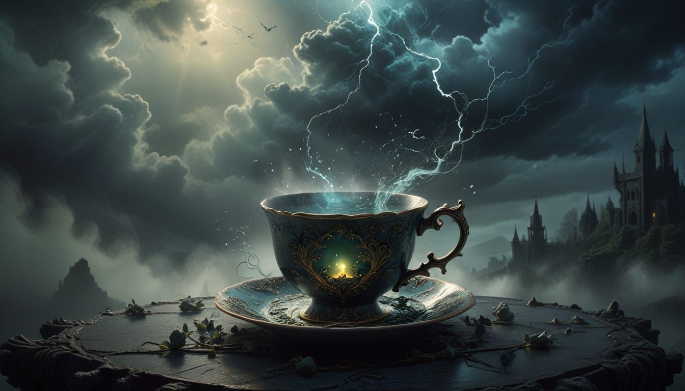 Dark, Gothic Storm Swirls Inside Antique Teacup
