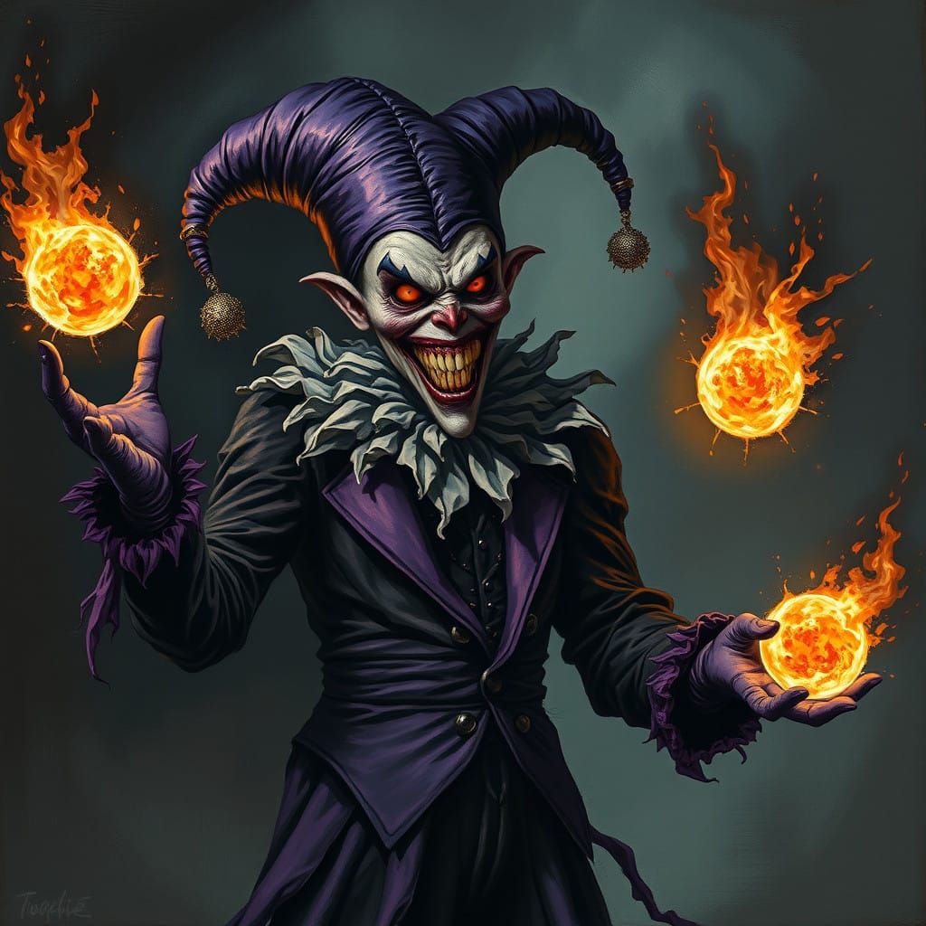 Maniacal Jester Juggles Blazing Fireballs in Dark Gothic Fan...