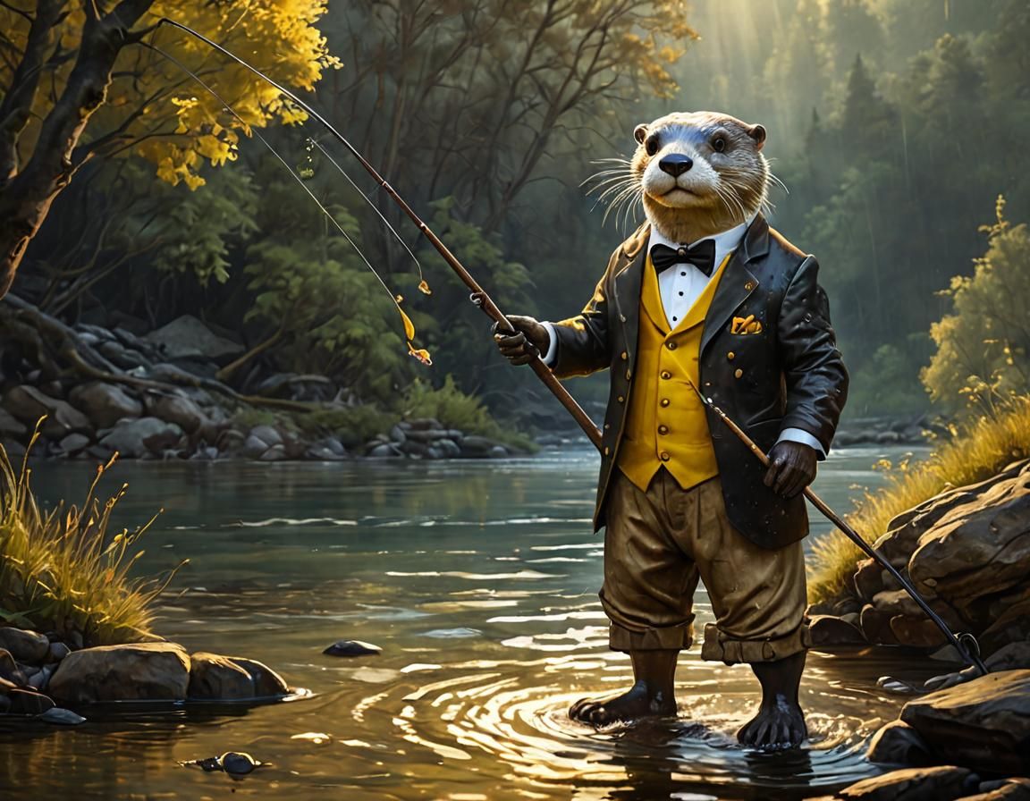 Steampunk Otter Fisherman in Acrylic Masterwork Style
